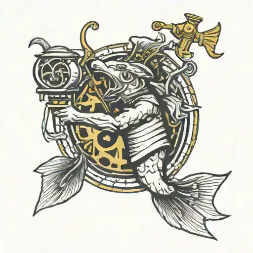 Saguitarius Holding A Bell With Engraved Coi Fish Jumping