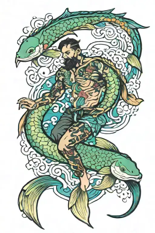 Tattoo With Green Blue Aquarius Sey Man With Swiming Koi Fish