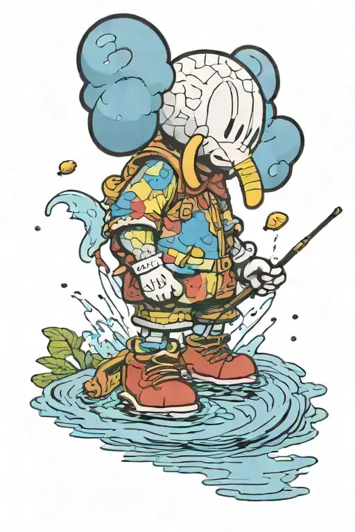 Kaws Figure Fishing In A Lake Wearing Nike Shoes