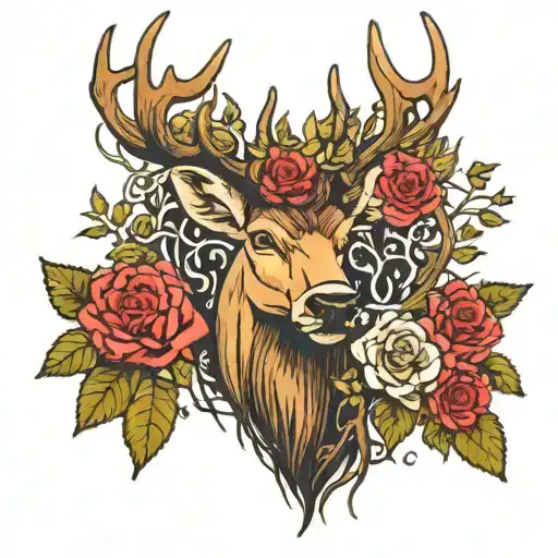 Elk On Front Of A Forest And Rose Vine