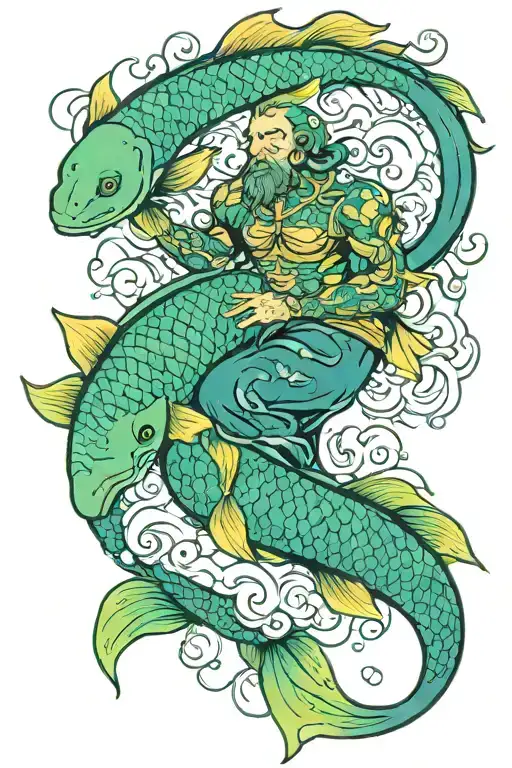 Tattoo With Green Blue Aquarius Sey Man With Swiming Koi Fish