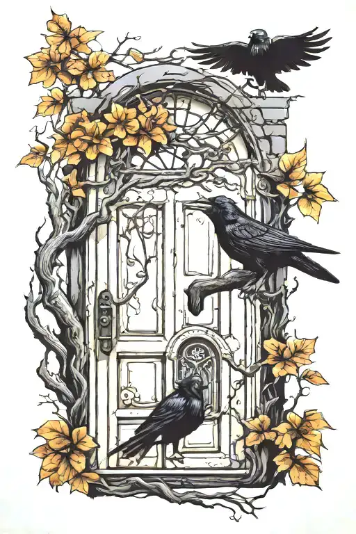 Door With An Elf Peeking Out And A Crow Perched On A Tree