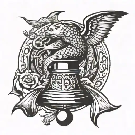 Saguitarius Hugging A Bell With Engraved Coi Fish Jumping