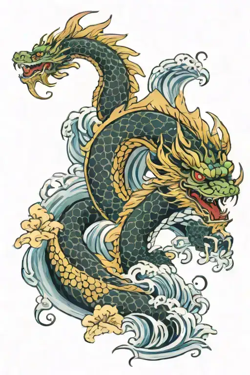 Japanese Dragon And Wave
