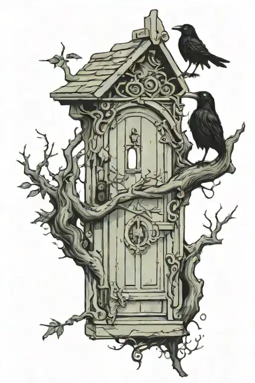 Door With An Elf Peeking Out And A Crow Perched On A Tree