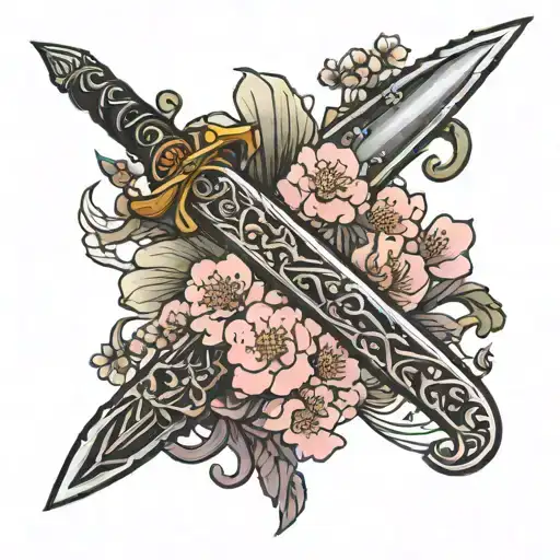 Sword With Cherry Blossoms On The Left Side Of The Blade