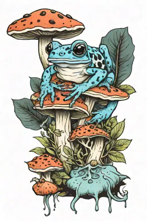 Blue Poison Dart Frog On A Mushroom Forest