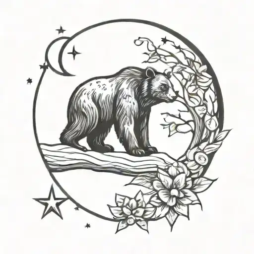 Bear Looking At Moon With Iris Flowers And Stars Forming The Shape