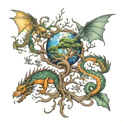 World Tree And Dragons Intertwined