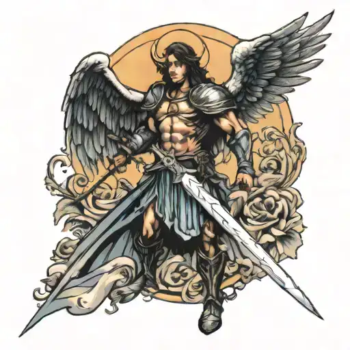 Archangel Michael Holding Sword In Front Of A Road