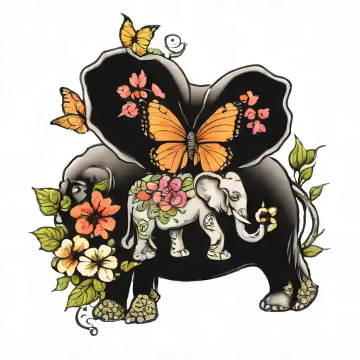 Elephant And Hibiscus Flowers With Butterflies