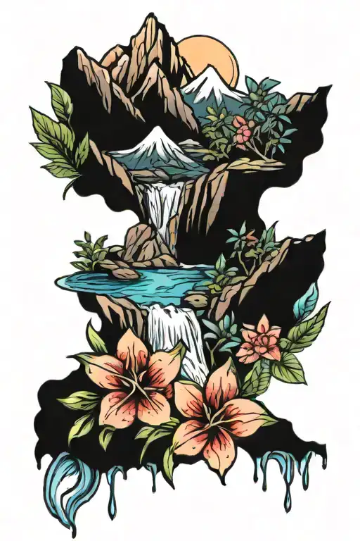 Mountain Peaks And Small Waterfall Surrounded By Tropical Flowers
