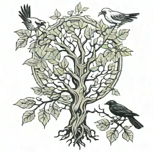 Mirrored Tree Dead Alive Leaves Branches Dove Raven Norse Symbols