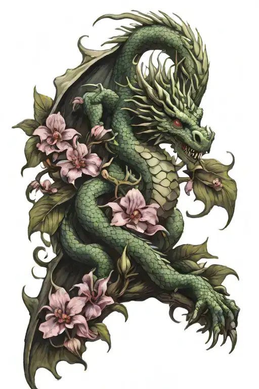 Realistic Full Body European Dragon With Orchids Surrounding It