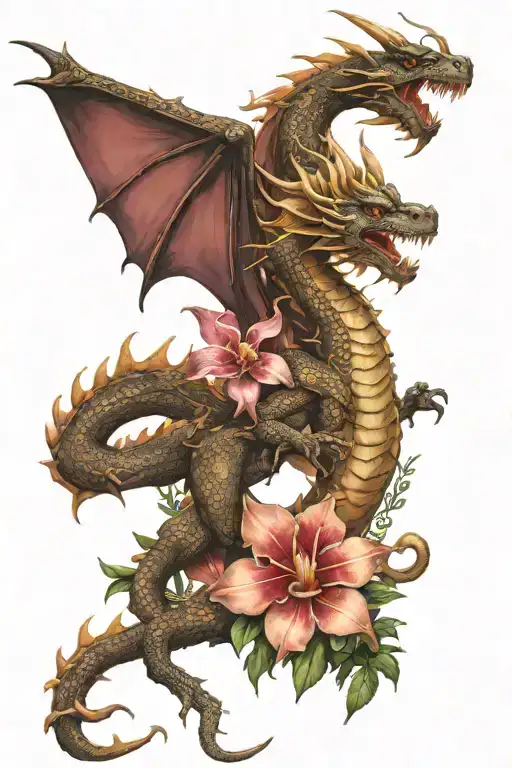 Realistic Full Body European Dragon With Orchids Surrounding It