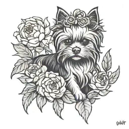 Yorkshire Terrier With British Fold Cat In Peony Flowers
