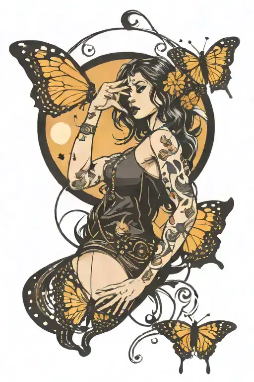 Girl Butterfly Reaching For Moon Phases