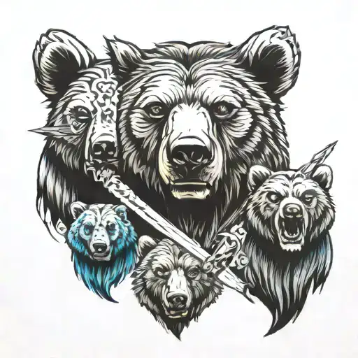 Bear Face With 4 Cubs Faces With A Sword