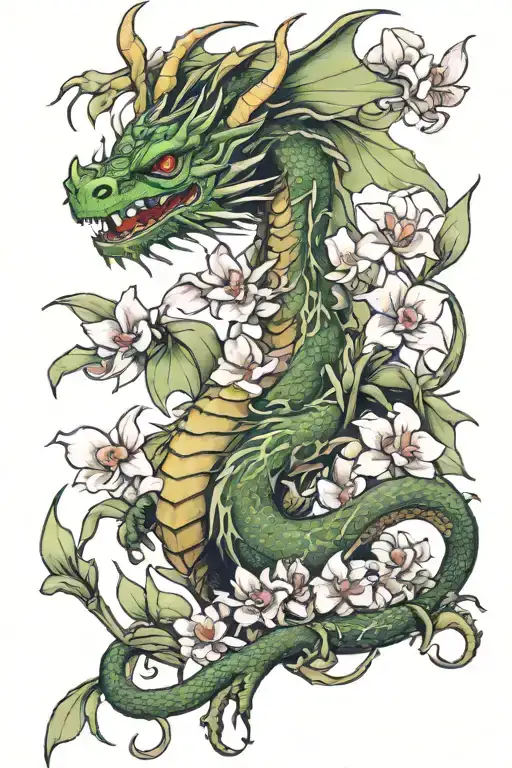 Realistic Full Body European Dragon With Orchids Surrounding It
