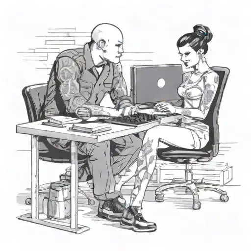 A Skinhead Software Developer Coding In His Computer And A Sexy Girl Sitting With Him In The Desk