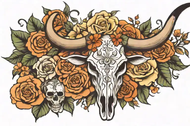 Longhorn And Skull And Flowers