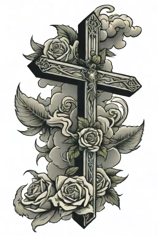 Jesus Cross With Rose Wings And Clouds Surrounding