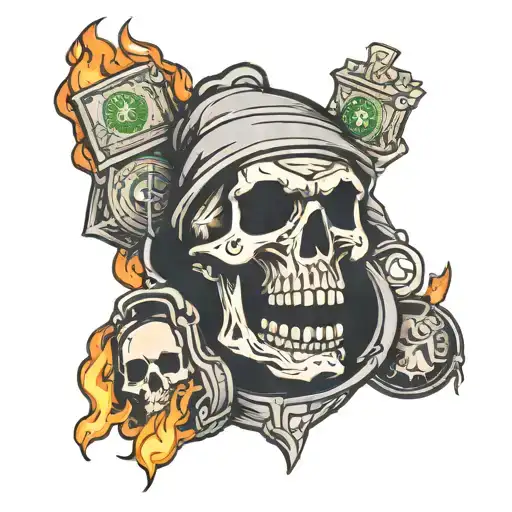 Flaming Skull With Money Bags