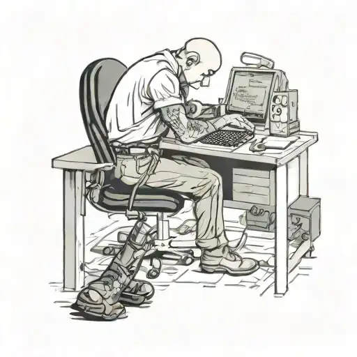 A Skinhead Software Developer With Boots Coding In His Computer In His Desk