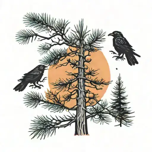 A Tall Fir Tree With Two Ravens Perched