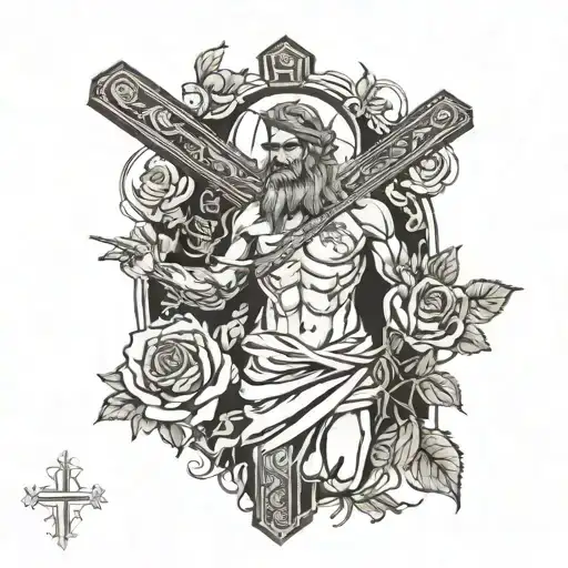 God Walking With A Cross And Roses Background Black