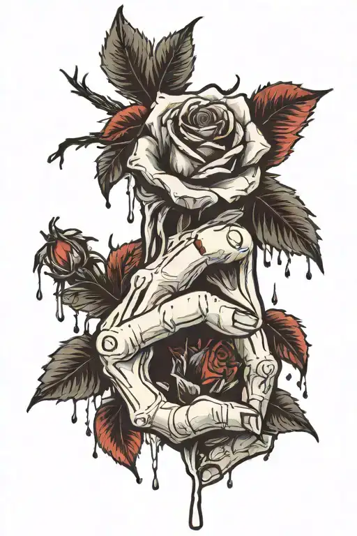 Bone Hand Holding Dying Rose Over A Bloody Palm Print