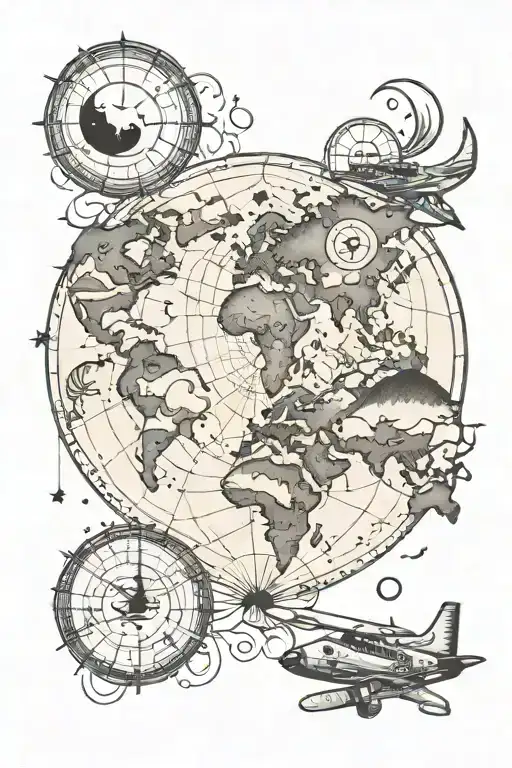 World Map With Sun And Moon Phases And Plane