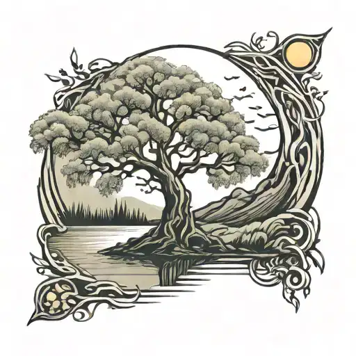 Willow Tree With Moon Above And River Below