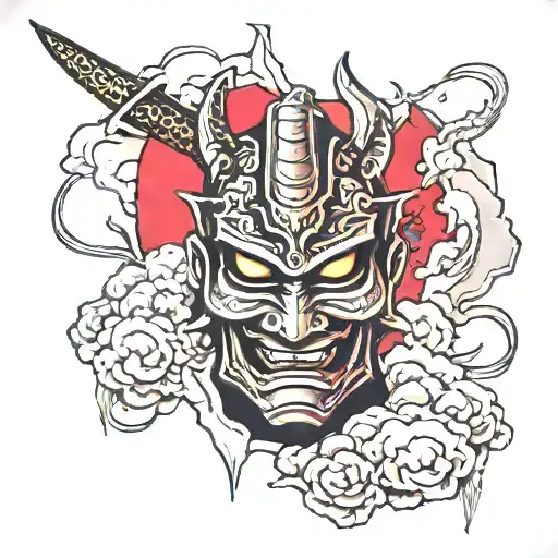 Broken Samurai Mask Against The Background Of Bloody Clouds