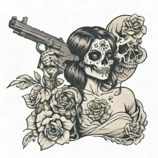 Sexy Women With Gun Skull On The Shoulder Dress Holding