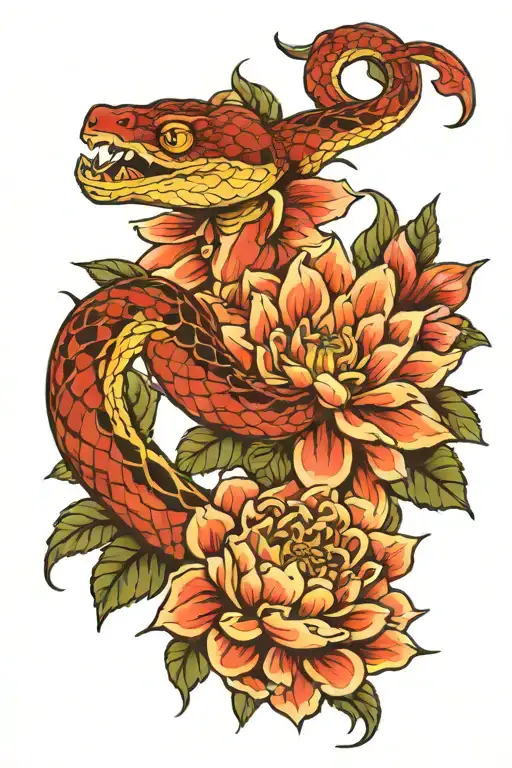 Snake And Dahlia Flower