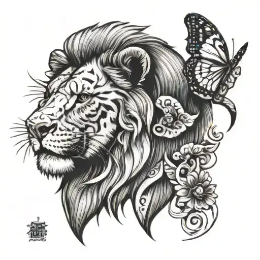 Black And White Lion With Butterfly On Nose