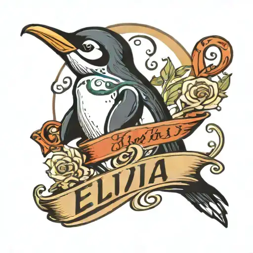 Tattoo Of An Animated Penguin With The Name Elvia In Cursive