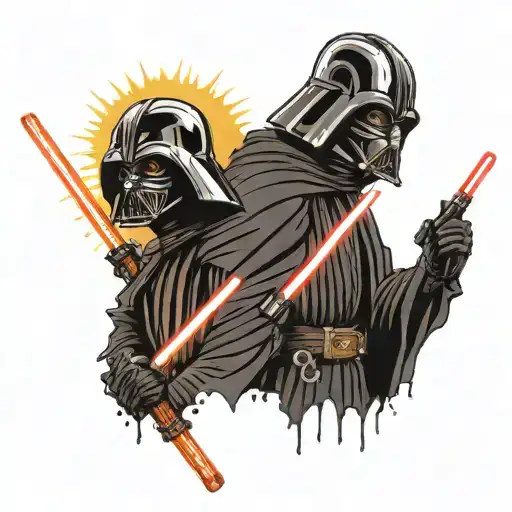 Darth Vaders Melted Head And Darth Mauls Head Going Through A Lightsaber With Sun Rays Around It