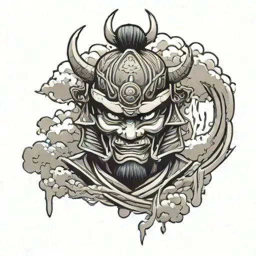 Samurai Mask Against The Background Of Bloody Clouds