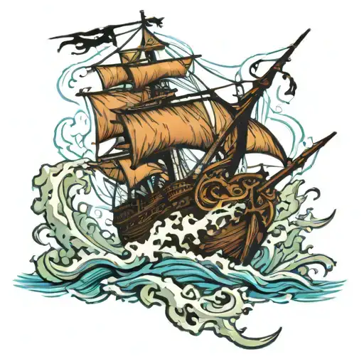 Pirate Ship Attacked By Kracken Being Slain By Poseidon