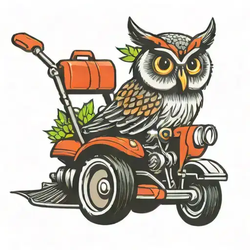 Owl Perched On Lawn Mower With Dads Name On Mower