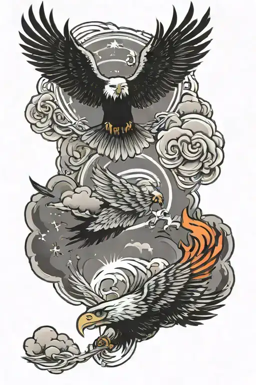 Fire Cloud With Star In North Above An Soaring Eagle And Thunderbird Above A Buffalo With Tornado