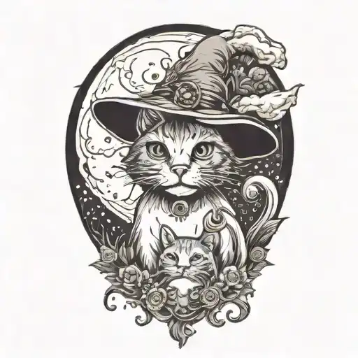 Witch Cat And Moon And Mushrooms