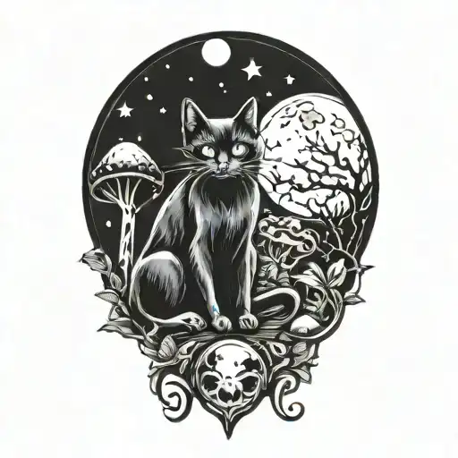 Black Cat And Magic Mushroom With Moon