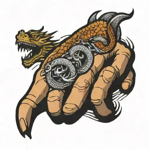 A Wavey Line Around The Hand With Three Dragons Flying