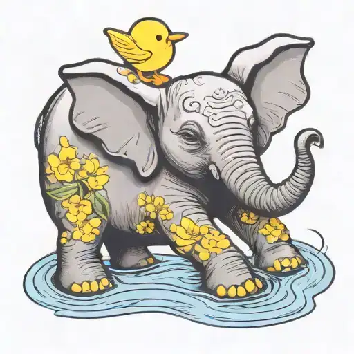 Baby Elephant Swimming In A Puddle Wit A Yellow Plastick Duck
