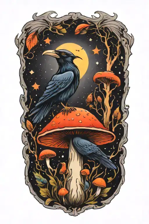 Colorful Mushroom With Ravens And Moon