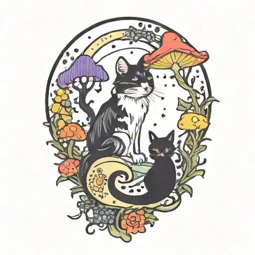 Moon With Black Witch Cat And Colorful Mushrooms Growing