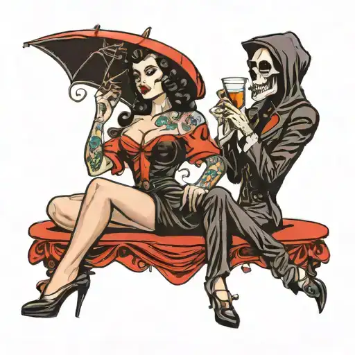 50'S Pinup Drinking A Martini Next To Grim Reaper